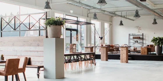 Loft met houten vloer, hoge ramen en losse zitgroepen.